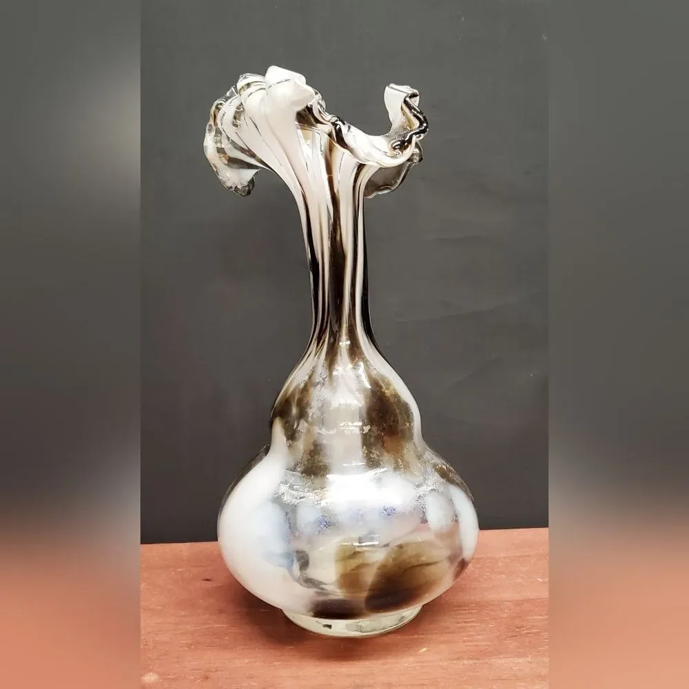 Opaline White Swirl Glass Bud Vase Ruffled Rim Empoli